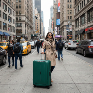 אישה במעיל טרנץ' אופנתי הולכת ברחוב סואן בניו יורק וגוררת מזוודת סמסונייט ירוקה גדולה.