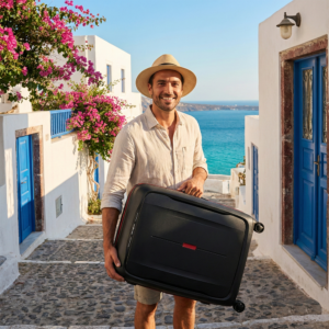 גבר מחייך מחזיק מזוודת סמסונייט שחורה ברחוב יווני ציורי על רקע הים.