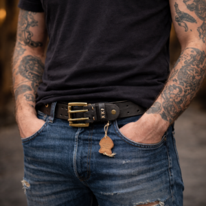 גבר עם חגורת עור איטלקית לגבר בג’ינס – אבזם מתכתי איכותי