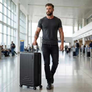 גבר הולך בשדה תעופה ומושך מזוודת סמסונג קרבון שחורה בעיצוב מודרני.