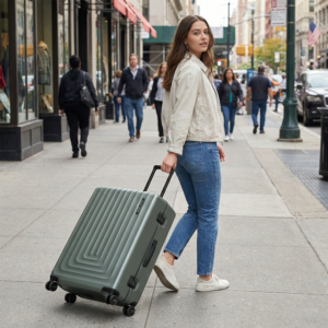 אישה צעירה הולכת על מדרכה בעיר ומושכת מזוודה קשיחה בצבע ירוק-מרווה של סמסונייט, תוך שהיא מביטה לאחור לעבר המצלמה.