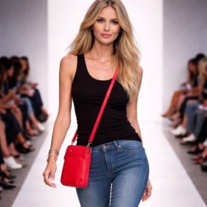 דוגמנית על מסלול אופנה עם תיק צד קטן בצבע אדום