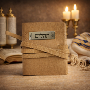 ספר תהילים מעור עם חריטה אישית מונח על שולחן עץ לצד נרות ומנורה באווירת קדושה יהודית