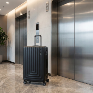 מזוודה שחורה קשיחה עומדת בלובי מודרני על רצפת שיש ליד שתי מעליות מנירוסטה.