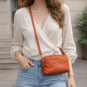 דוגמנית עם תיק צד קטן מעור בצבע כתום בסגנון אורבני