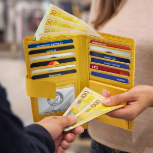 ארנק נשים מעור צהוב עם הרבה כרטיסים פתוח לשימוש יומיומי