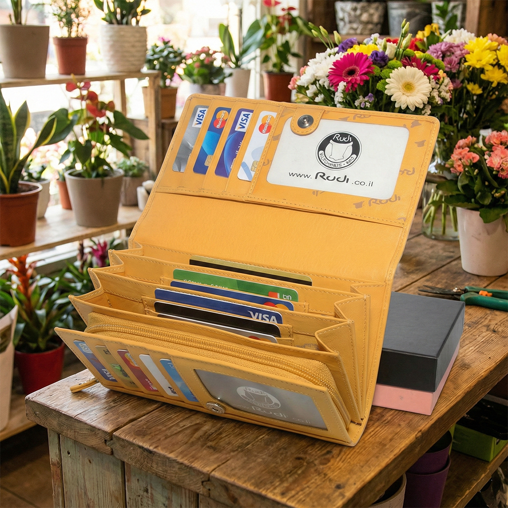 ארנק נשים פתוח עם תאים רבים לכרטיסים