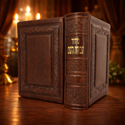 סידור עבודת השם כרוך בעור חום עם הטבעות דקורטיביות והטבעה בזהב על השדרה