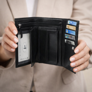 אישה אוחזת בארנק גברים שחור מעור איטלקי פתוח עם תאים לכרטיסים ולשטרות