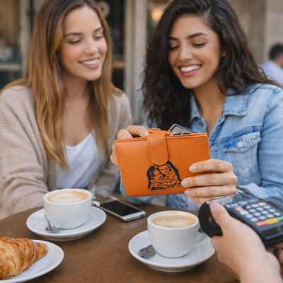 שתי נשים יושבות בבית קפה, אחת מהן משלמת באמצעות ארנק עור כתום מעל מסוף תשלום.