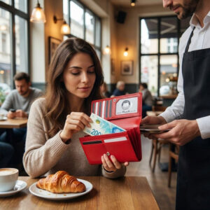 אישה יושבת בבית קפה ומשלמת עם ארנק עור אדום איכותי בכרטיס אשראי