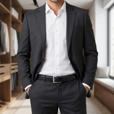 גבר לבוש בחליפה שחורה עם חולצה לבנה עומד בפנים