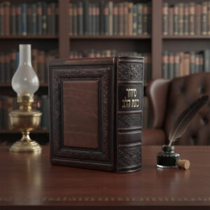 סידור כוונת הלב מעור לבן מהודר בעיצוב קלאסי עם הטבעות ועיטורים, על רקע טבע רגוע