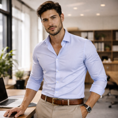 דוגמן לובש חגורת עור איטלקית 4 ס"מ Old Angler Italy במראה אלגנטי