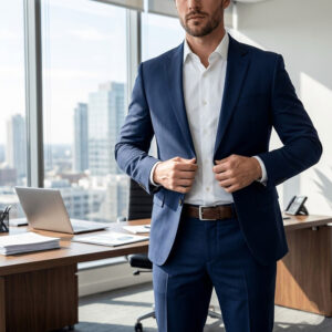 גבר בחליפה עם חגורה אלגנטית לגבר מעור חום בתוך משרד יוקרתי וחדשני.