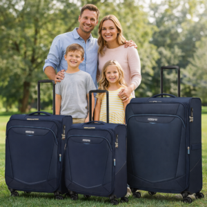 סט 3 מזוודות אמריקן טוריסטר כחול למשפחה – מזוודות וטרולי בגדלים שונים לנסיעות משפחתיות