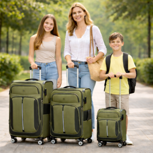 משפחה מחייכת – אמא, בת ובן – עומדים בחוץ עם סט של שלוש מזוודות טרולי בצבע ירוק זית.