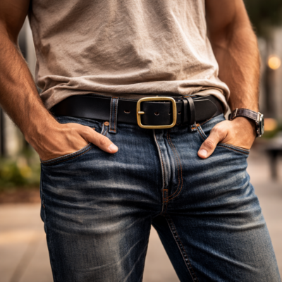 חגורת עור קלאסית 3.7 ס"מ מעור אמיתי בצבע חום עם אבזם מתכת יוקרתי