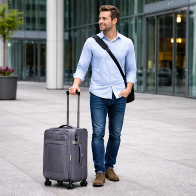 טרולי עליה למטוס Eternity Toronto 56X37X22 בצבע אפור עם בחור אוחז במזוודה