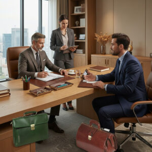 פגישת עסקים במשרד איטלקי עם תיקי עור Old Angler Italy על שולחן העבודה