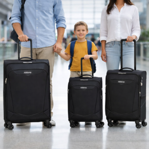 סט מזוודות 3 חלקים American Tourister למשפחה עם טרולי 20 אינץ, בינונית 25 אינץ וגדולה 30 אינץ