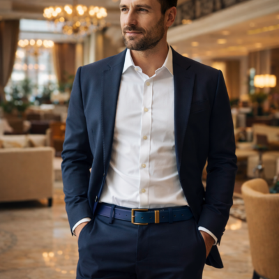 גבר אלגנטי בלובי מלון יוקרתי לובש חליפה כחולה עם חגורת עור כחולה ואבזם מתכת זהוב