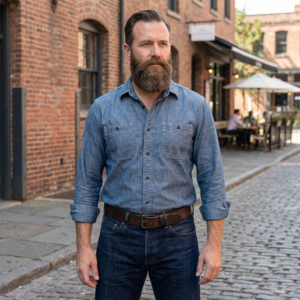 גבר עם ג׳ינס כחול וחגורת עור חומה עם אבזם מתכתי כסוף