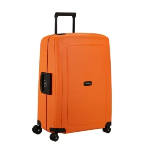 מזוודת Samsonite כתומה קשיחה עם 4 גלגלים כפולים וידית טלסקופית