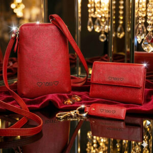 סט עור איטלקי לנשים מבית RUDI – תיק צד קטן, ארנק נשים ומחזיק מפתחות מעור נאפה אדום