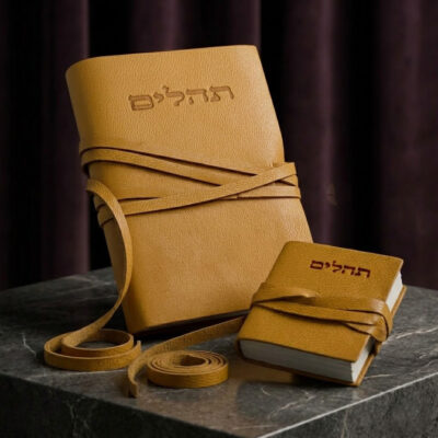 סט תהילים מעור אמיתי בעבודת יד בגוון חרדל – ספר תהילים גדול וקטן עם רצועת קשירה מעור על רקע יוקרתי