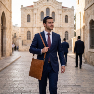 בחור עם כיפה בחליפה הולך לבית כנסת עם תיק טלית מעור