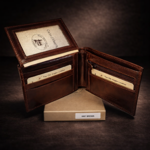 ארנק עור איכותי לגברים בצבע חום פתוח עם תאים לכרטיסים ושטרות בעיצוב יוקרתי