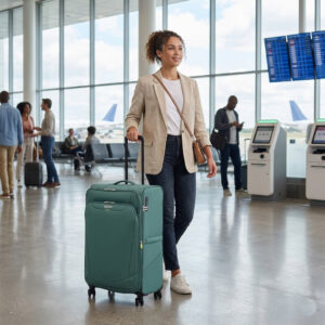 מזוודות אמריקן טוריסטר מזוודה ירוקה לנסיעות ארוכות בשדה תעופה