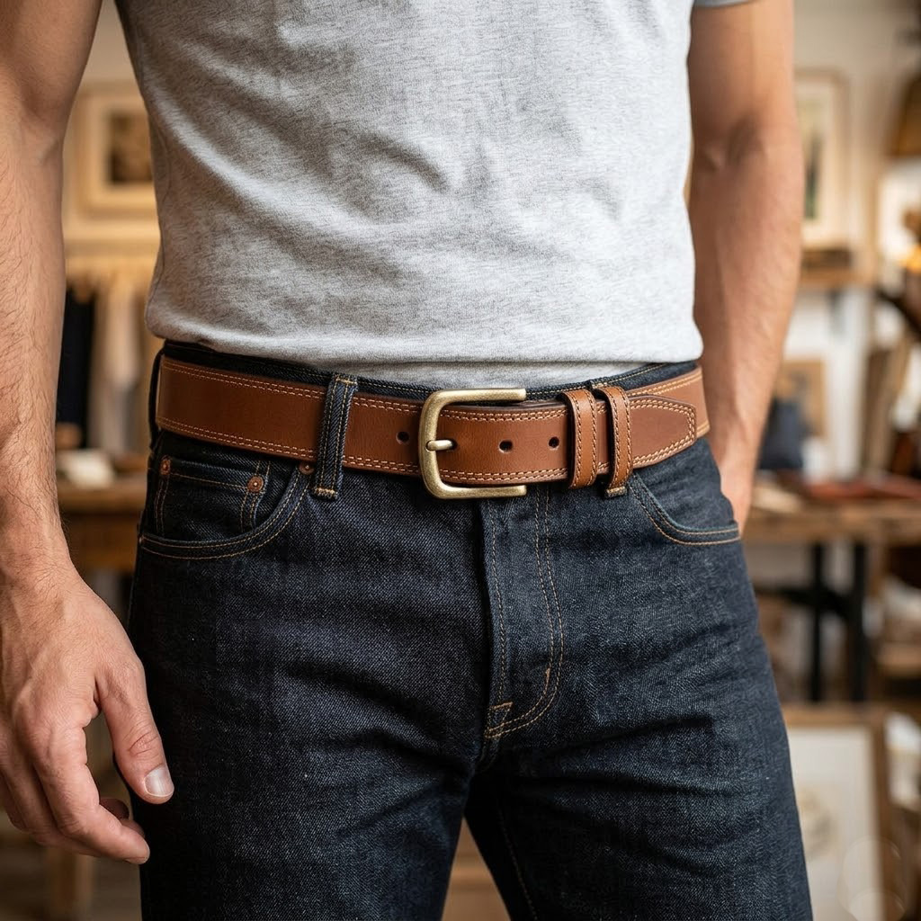 חגורת עור לגבר חומה עם אבזם מתכת רחב בעיצוב קלאסי והתאמה למכנס ג'ינס