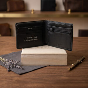 חריטה אישית על ארנק שחור מעור לגבר