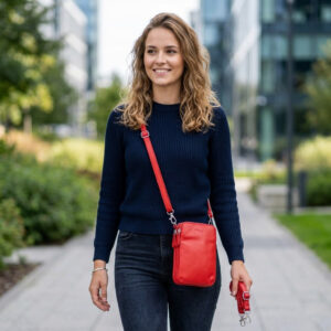 תיקי נשים איכותיים מעור אדום קטן על אישה בסגנון יומיומי אלגנטי בעיר