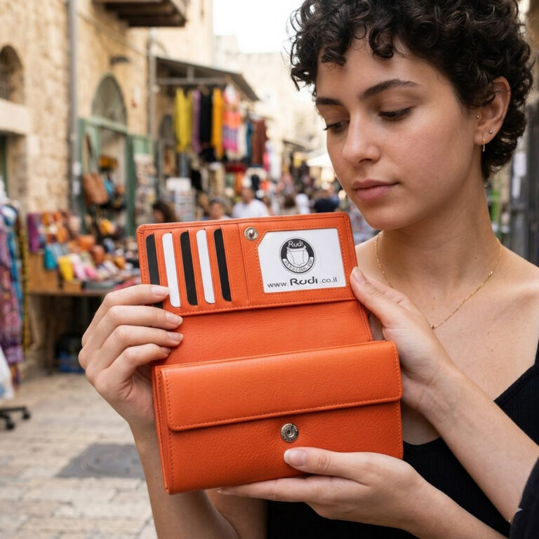 ארנק עור לנשים מתנה ארנק כתום עם רוכסן ותאים לכרטיסים