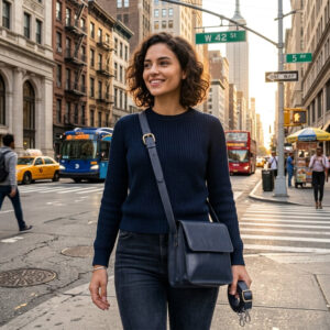 תיקי נשים איכותיים תיק צד מעור כהה על אישה בהליכה בעיר בסגנון יומיומי אלגנטי