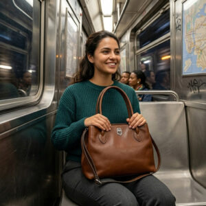 תיקי נשים איכותיים תיק יד מעור חום על אישה בנסיעה יומיומית עם סטייל אלגנטי