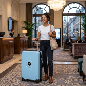 מזוודה קשיחה כחולה בהירה עם 4 גלגלים נוחה לנסיעה במלון יוקרתי