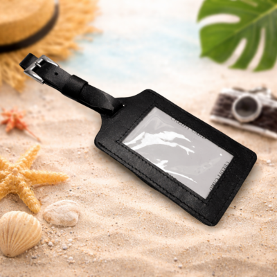 תג זיהוי שחור למזוודה מעור אמיתי עם חלון זיהוי ורצועת עור – RUDI