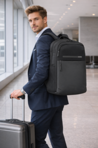 איזו מזוודה לקחת לטיול עסקי — גבר עם תיק גב Samsonite שחור וטרולי בשדה תעופה