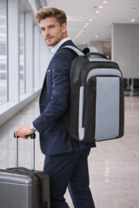 איזו מזוודה לקחת לטיול עסקי — גבר עם תיק גב Samsonite אפור וטרולי בשדה תעופה