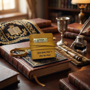 תהילים עם הקדשה מעור צהוב חריטה אישית שם וטקסט ספר תהילים מתנה