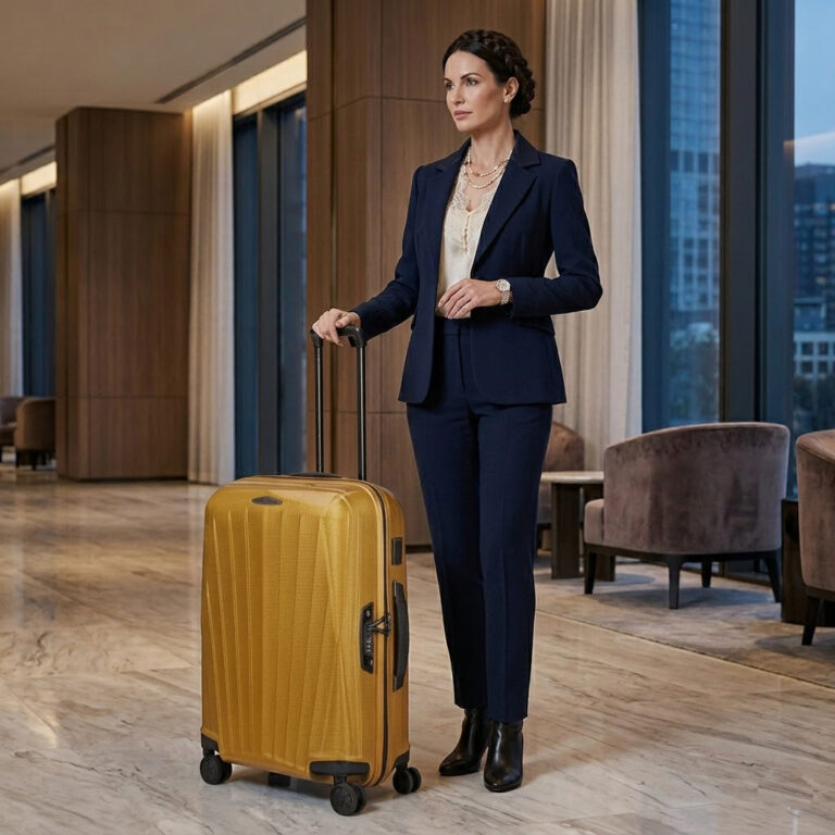 אישה עם מזוודת סמסונייט צהובה בבית מלון יוקרתי