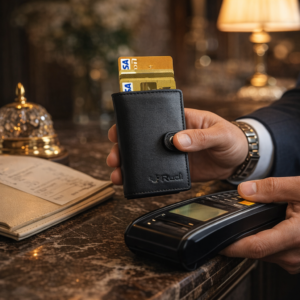 גבר אוחז בארנק מקפיץ כרטיסים שחור של RUDI בעת תשלום במלון יוקרתי