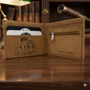 ארנק מעור פתוח עם חריטת לייזר פנימית של זוג והקדשה בעברית – רודי