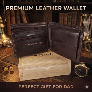 ארנק עור חום לגבר על שולחן עץ