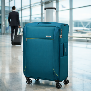 מזוודה קלה Samsonite כחולה בשדה תעופה עם גלגלים נוחים