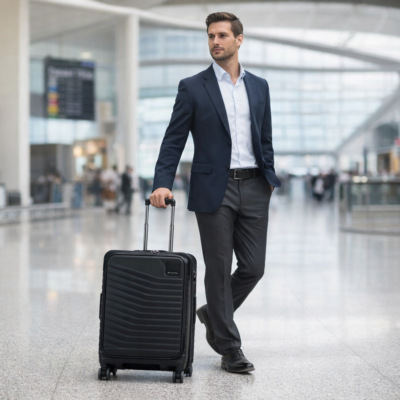 טרולי עסקים Samsonite INTUO 55 ס״מ שחור עם דוגמן בשדה תעופה